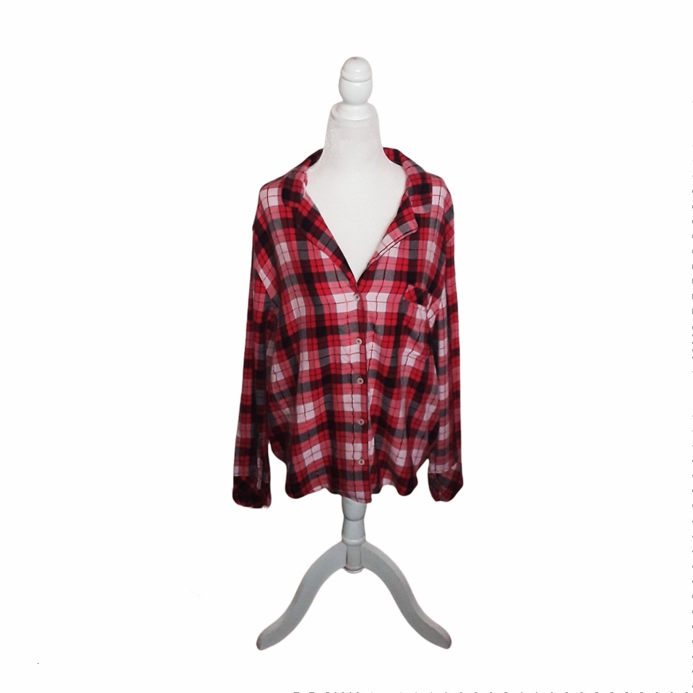 Victoria's Secret Large Red and Black Plaid Button-Up Cotton Blend Top